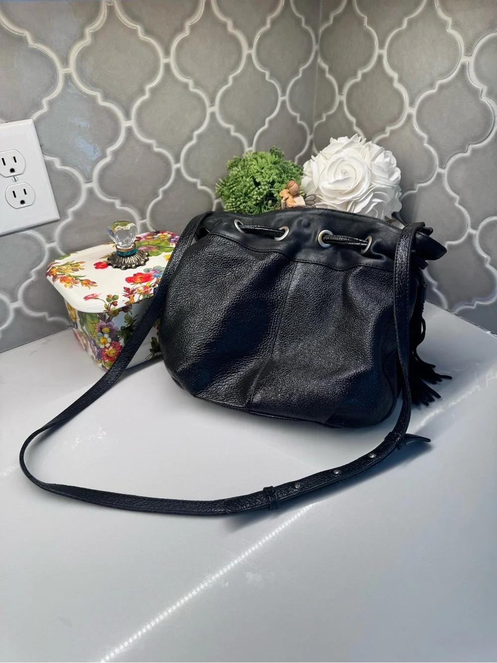 American Eagle Boho Black Leather Fringe Crossbody Bag